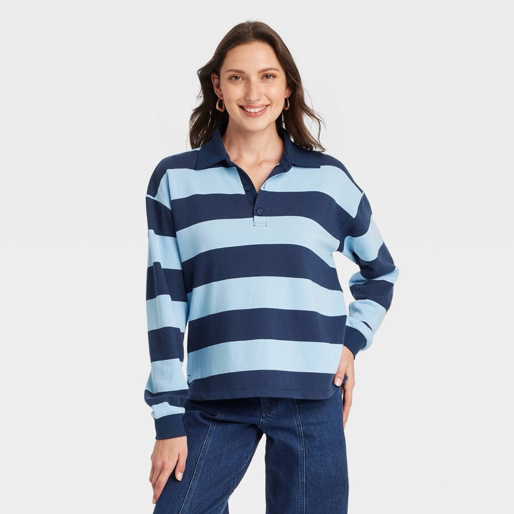 Universal Thread Women's Blue Striped Polo Shirt